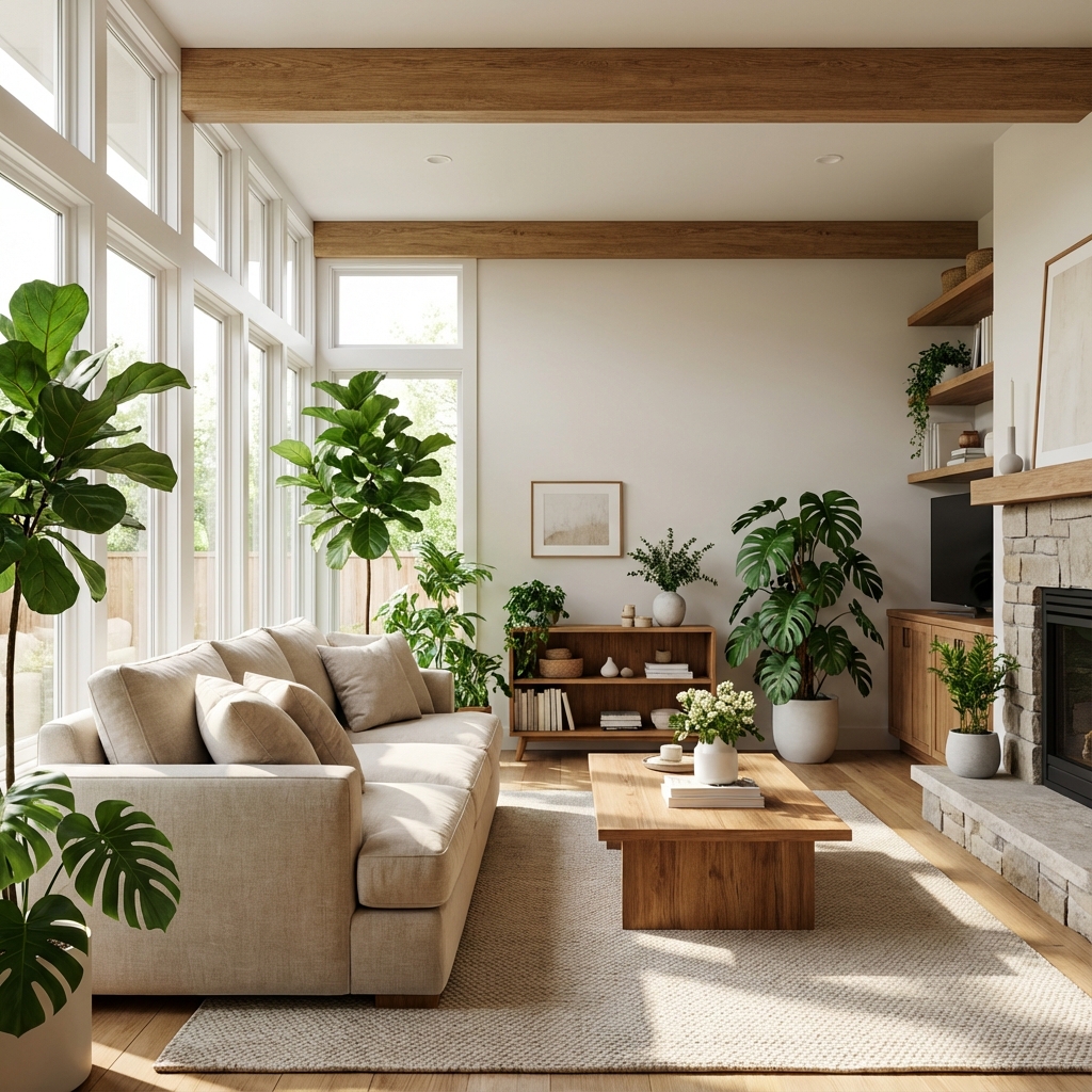 Modern minimalist living room with plants and natural light